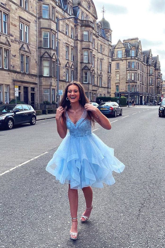 Blue v neck tulle short prom dress blue tulle lace homecoming dress - RongMoon