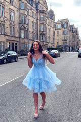 Blue v neck tulle short prom dress blue tulle lace homecoming dress - RongMoon