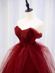 Burgundy off shoulder tulle lace long prom dress burgundy formal dress - RongMoon