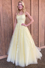 Yellow tulle lace long prom dress yellow evening dress - RongMoon