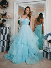 Simple blue tulle long prom dress, tulle formal dress - RongMoon