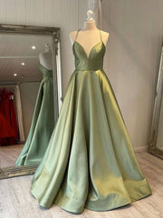 Simple green satin long prom dress, green bridesmaid dress - RongMoon