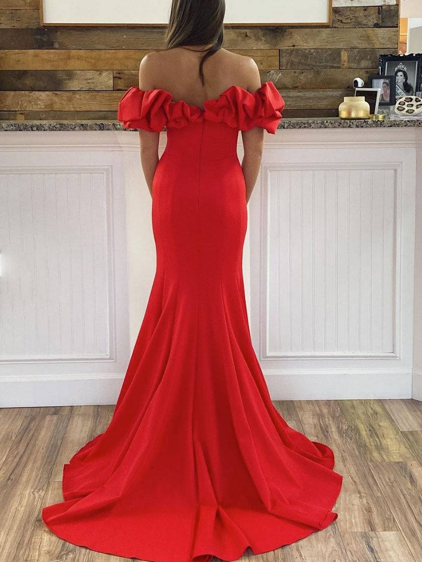Simple  red off shoulder satin long prom dress, red evening dress - RongMoon
