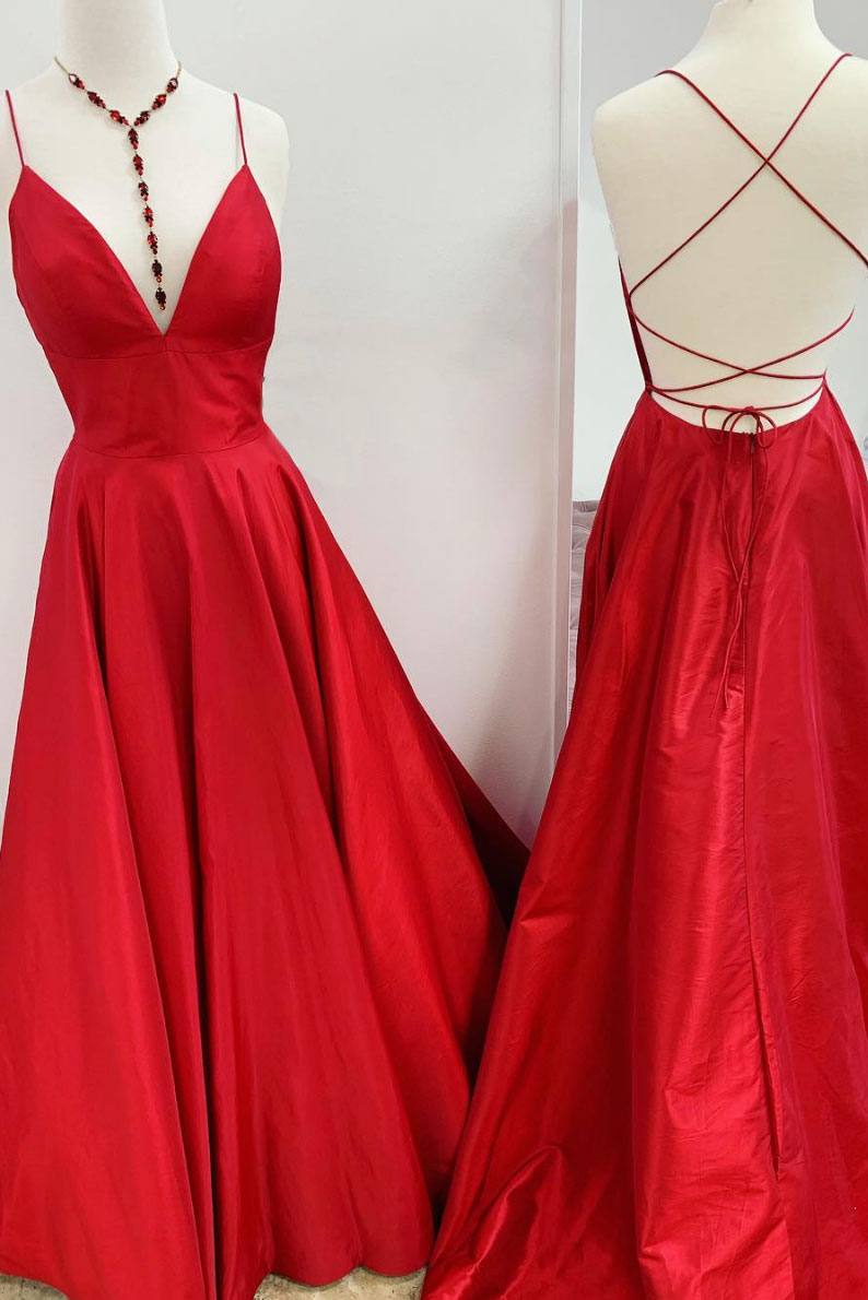 Red v neck backless satin long prom dress red evening dress - RongMoon