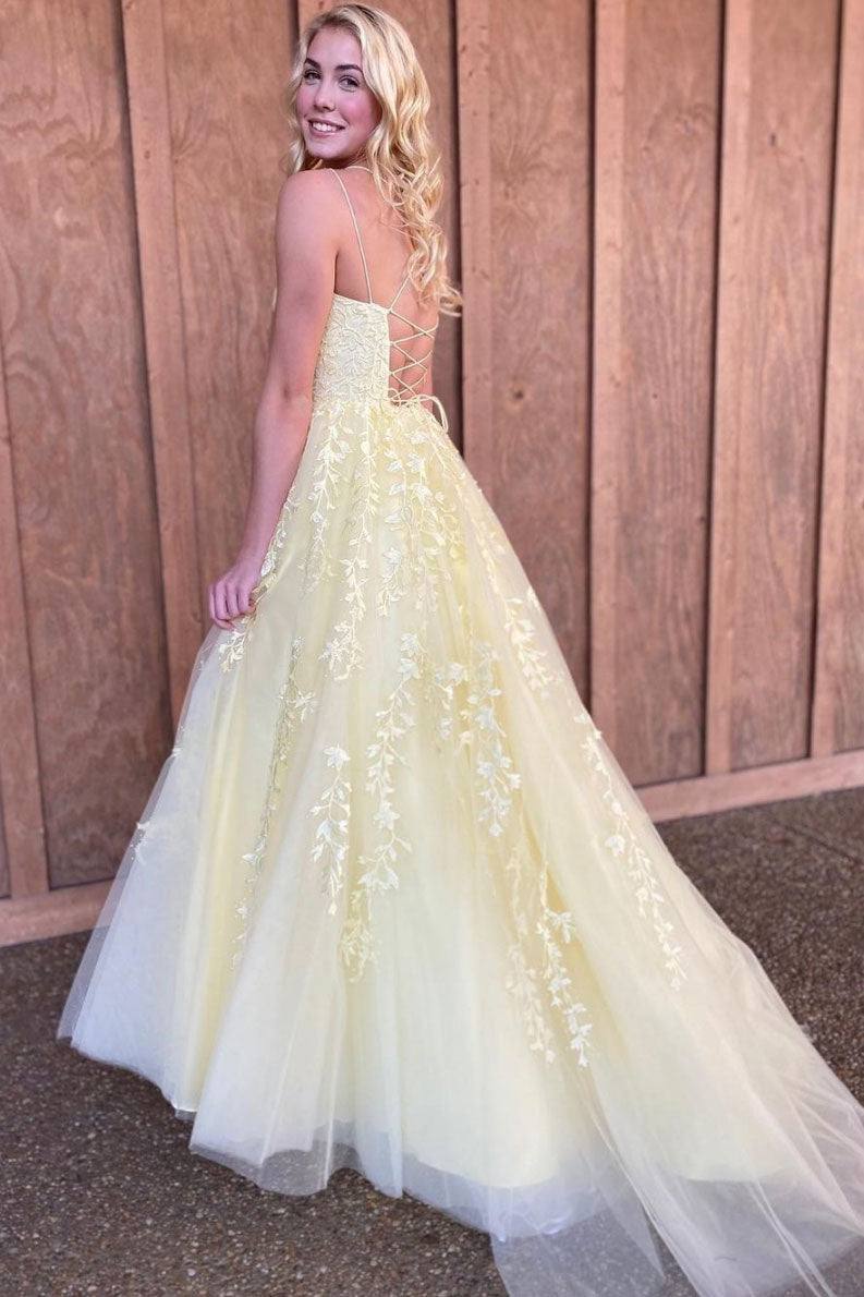 Yellow tulle lace long prom dress yellow evening dress - RongMoon
