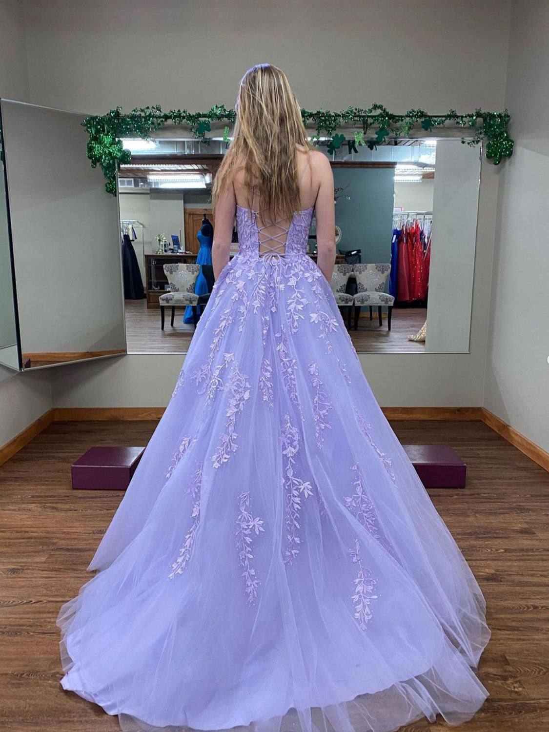 Purple tulle lace long prom dress, purple lace evening dress - RongMoon