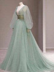 Green v neck tulle sequin long prom dress, green evening dress - RongMoon
