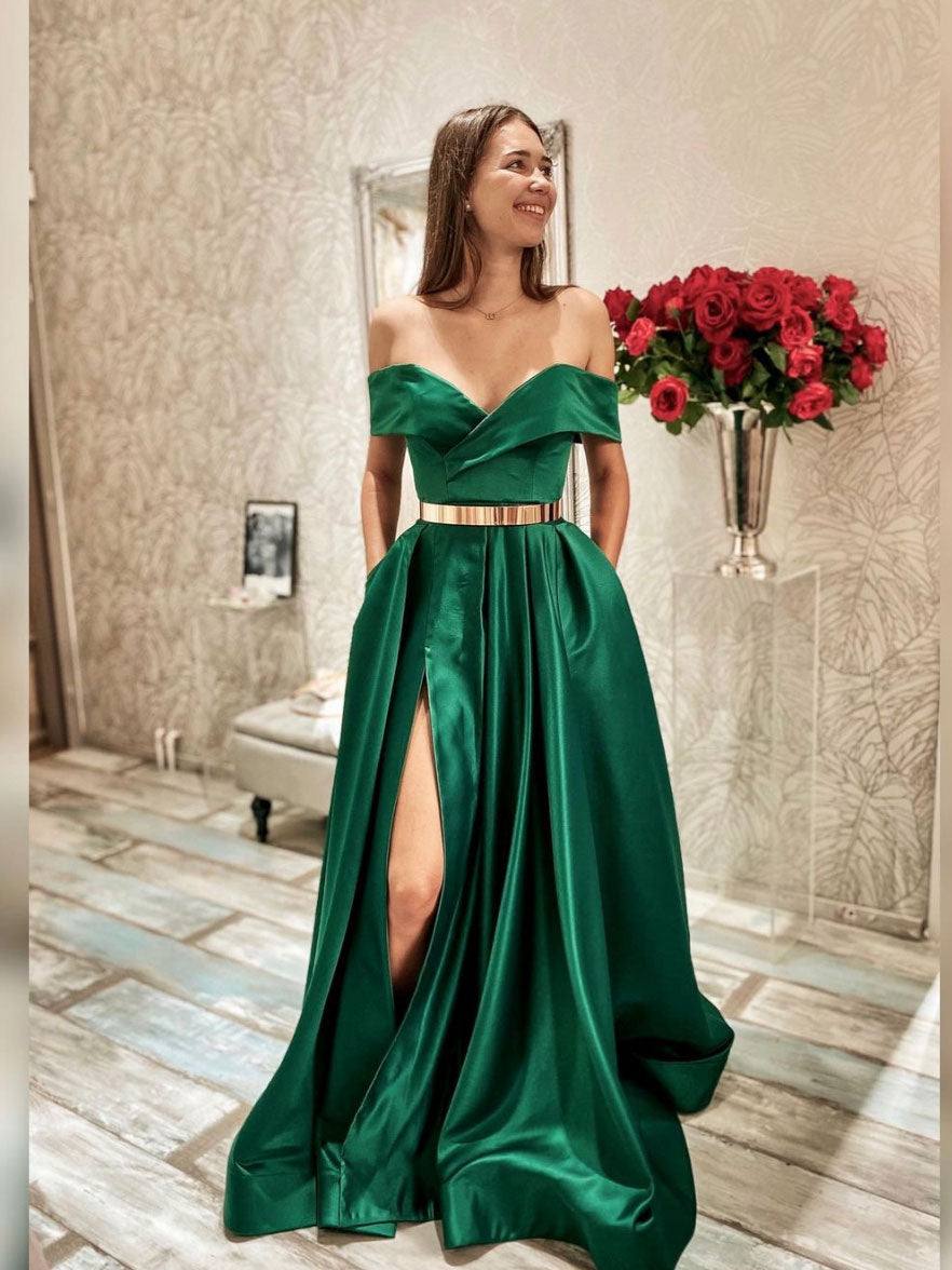 Simple green off shoulder satin  long prom dress, green evening dress - RongMoon