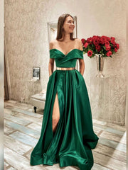 Simple green off shoulder satin  long prom dress, green evening dress - RongMoon