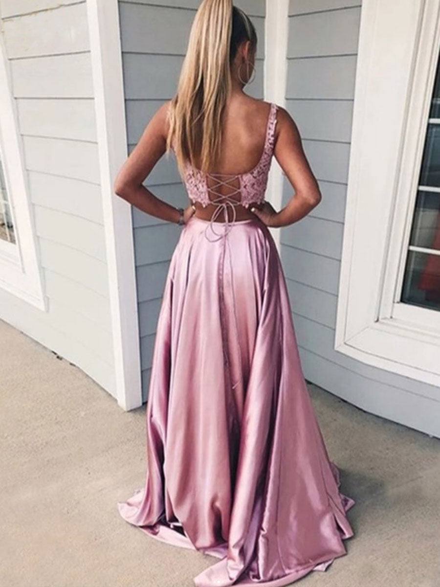 Pink lace two pieces long prom dress, pink lace evening dress - RongMoon