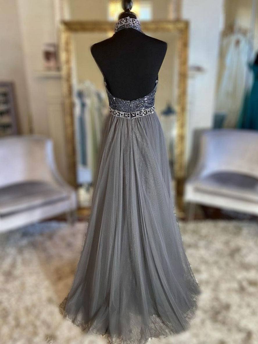 Gray v neck tulle beads long prom dress, gray tulle formal dress - RongMoon