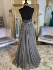Gray v neck tulle beads long prom dress, gray tulle formal dress - RongMoon