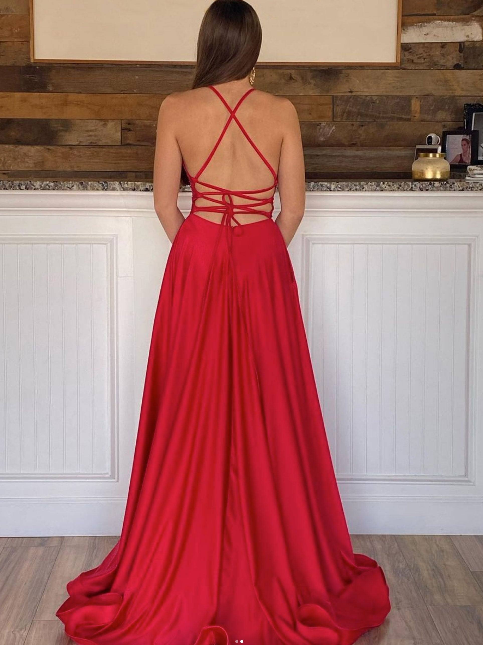 Simple red satin long prom dress, red evening dress - RongMoon
