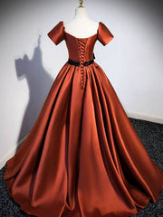 A-Line Satin Orange Long Prom Dresses, Orange Formal Evening Dresses - RongMoon