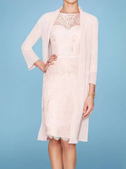 Two Piece Sheath / Column Mother of the Bride Dress Elegant Illusion Neck Knee Length Chiffon Lace 3/4 Length Sleeve with Sash / Ribbon Embroidery - RongMoon