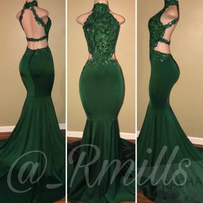 Green Robe De Soiree Mermaid High Collar Appliques Beaded Backless Long Women Party Prom Dresses Prom Gown Evening Dresses - RongMoon