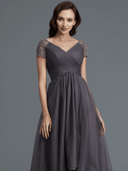 A-Line/Princess V-neck Short Sleeves Asymmetrical Tulle Mother of the Bride Dresses - RongMoon