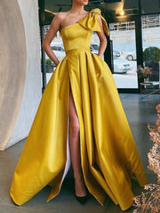 Simple Yellow one shoulder satin long prom dress, yellow evening dress - RongMoon