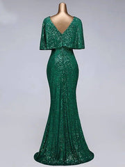 Mermaid / Trumpet Sparkle Elegant Prom Formal Evening Dress Illusion Neck Half Sleeve Floor Length Sequined with Sequin Ruffles - RongMoon