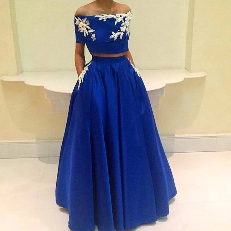 Royal Blue Robe De Soiree A-line Appliques Two Pieces Sexy Long Prom Dresses Prom Gown Evening Dresses - RongMoon