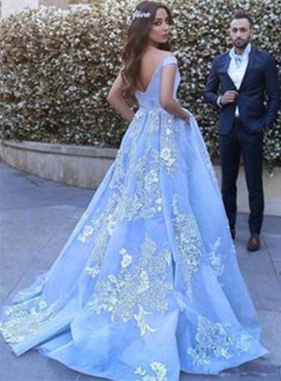 Sky Blue Robe De Soiree Ball Gown Off The Shoulder Tulle Lace Long Women Party Prom Dresses Prom Gown Evening Dresses - RongMoon