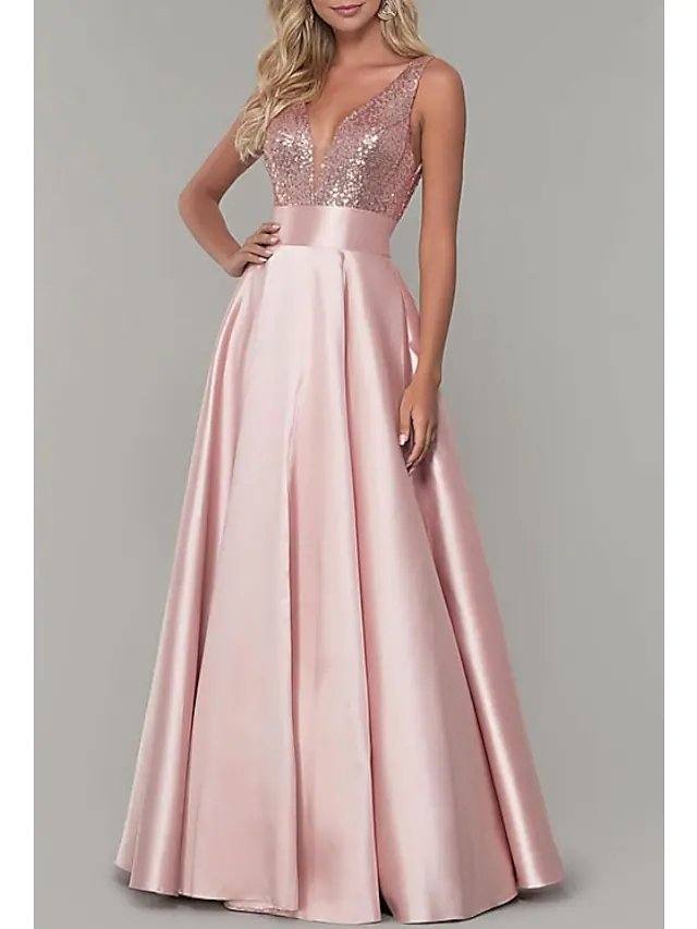 A-Line Sparkle Prom Formal Evening Dress V Neck Sleeveless Floor Length Satin with Pleats Sequin - RongMoon