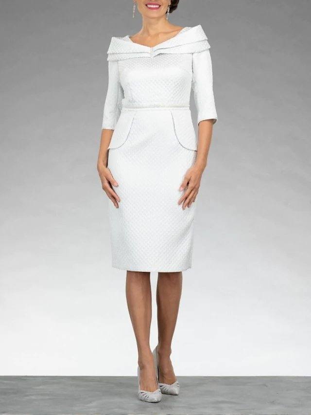 Sheath / Column Mother of the Bride Dress Elegant V Neck Knee Length Stretch Fabric Half Sleeve with Sash / Ribbon - RongMoon