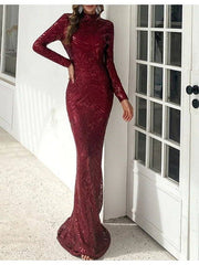 Sheath / Column Glittering Sparkle Party Wear Formal Evening Dress High Neck Long Sleeve Floor Length Sequined with Sequin - RongMoon