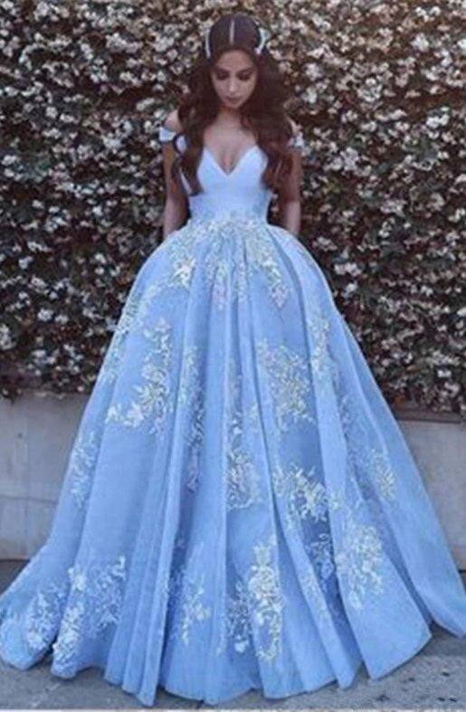 Sky Blue Robe De Soiree Ball Gown Off The Shoulder Tulle Lace Long Women Party Prom Dresses Prom Gown Evening Dresses - RongMoon