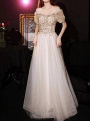 A-Line Luxurious Princess Engagement Prom Dress Off Shoulder Short Sleeve Floor Length Tulle with Appliques - RongMoon