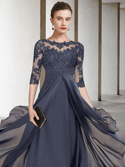 A-Line Mother of the Bride Dress Plus Size Elegant High Low Jewel Neck Asymmetrical Tea Length Chiffon Lace - RongMoon