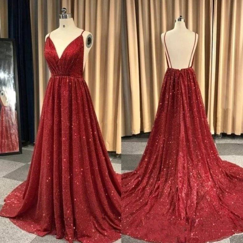 Burgundy Robe De Soiree A-line V-neck Sequins Sparkle Crystals Backless Sexy Long Prom Dresses Prom Gown Evening Dresses - RongMoon