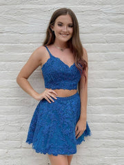 Blue two pieces lace short prom dress, blue lace homecoming dress - RongMoon