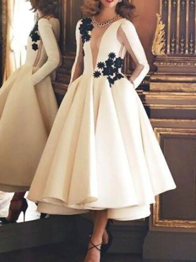Ball Gown Luxurious Vintage Engagement Prom Dress Illusion Neck Long Sleeve Ankle Length Satin with Appliques - RongMoon