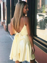 Simple yellow v neck satin short prom dress, yellow homecoming dress - RongMoon