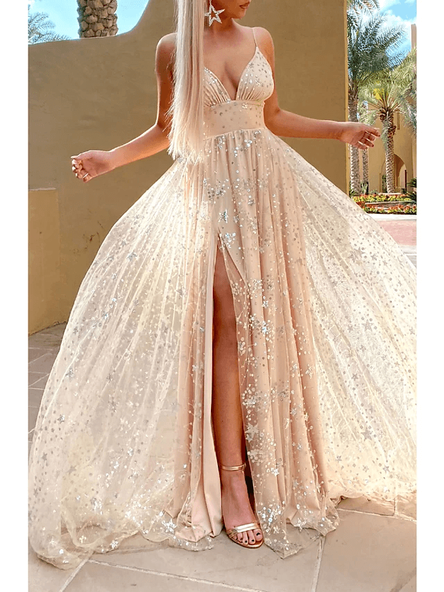 A-Line Glittering Sexy Engagement Prom Dress V Neck Sleeveless Sweep / Brush Train Satin with Pleats Sequin Split - RongMoon