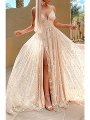 A-Line Glittering Sexy Engagement Prom Dress V Neck Sleeveless Sweep / Brush Train Satin with Pleats Sequin Split - RongMoon