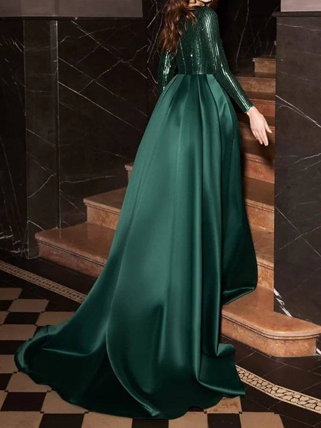 A-Line Glittering Elegant Wedding Guest Formal Evening Dress V Neck Long Sleeve Court Train Satin Sequined with Pleats Sequin - RongMoon