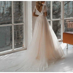 A-Line Wedding Dresses V Neck Sweep / Brush Train Lace Tulle Short Sleeve Simple Beach Sexy with Pleats Appliques - RongMoon