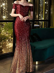 Mermaid / Trumpet Color Block Sparkle Wedding Guest Formal Evening Dress Off Shoulder Short Sleeve Floor Length Sequined with Sequin - RongMoon