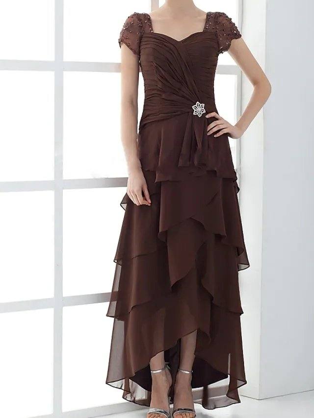 A-Line Mother of the Bride Dress Elegant Square Neck Floor Length Chiffon Short Sleeve with Cascading Ruffles Ruching - RongMoon