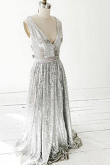 Simple gray v neck sequin long prom dress gray formal dress - RongMoon