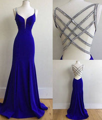 Blue v neck sequin long prom dress, unique blue evening dress - RongMoon