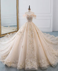 Champagne off shoulder tulle lace long wedding dress, wedding gown Prom Dresses    cg16350