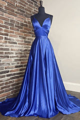 Simple blue v neck satin long prom dress blue evening dress - RongMoon