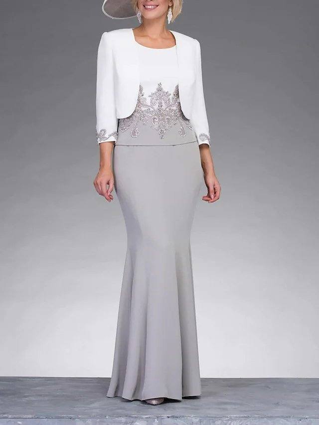 Two Piece Sheath / Column Mother of the Bride Dress Elegant Jewel Neck Floor Length Stretch Fabric Sleeveless with Appliques - RongMoon