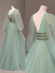Green v neck tulle sequin long prom dress, green evening dress - RongMoon