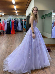 Purple tulle lace long prom dress, purple lace evening dress - RongMoon
