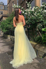 Yellow v neck tulle lace long prom dress yellow formal dress - RongMoon