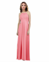 Elegant Pleated Halter Long Chiffon Floor Length Bridesmaid Dresses